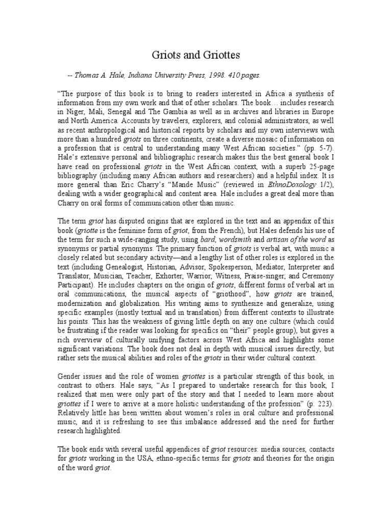 Griots and Griottes: - Thomas A. Hale, Indiana University Press, 1998 ...