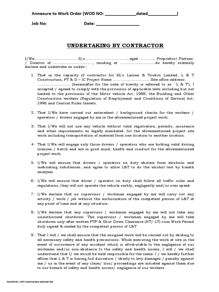 Contractor Undertaking for Compliance | PDF | Negligence | Legal Liability