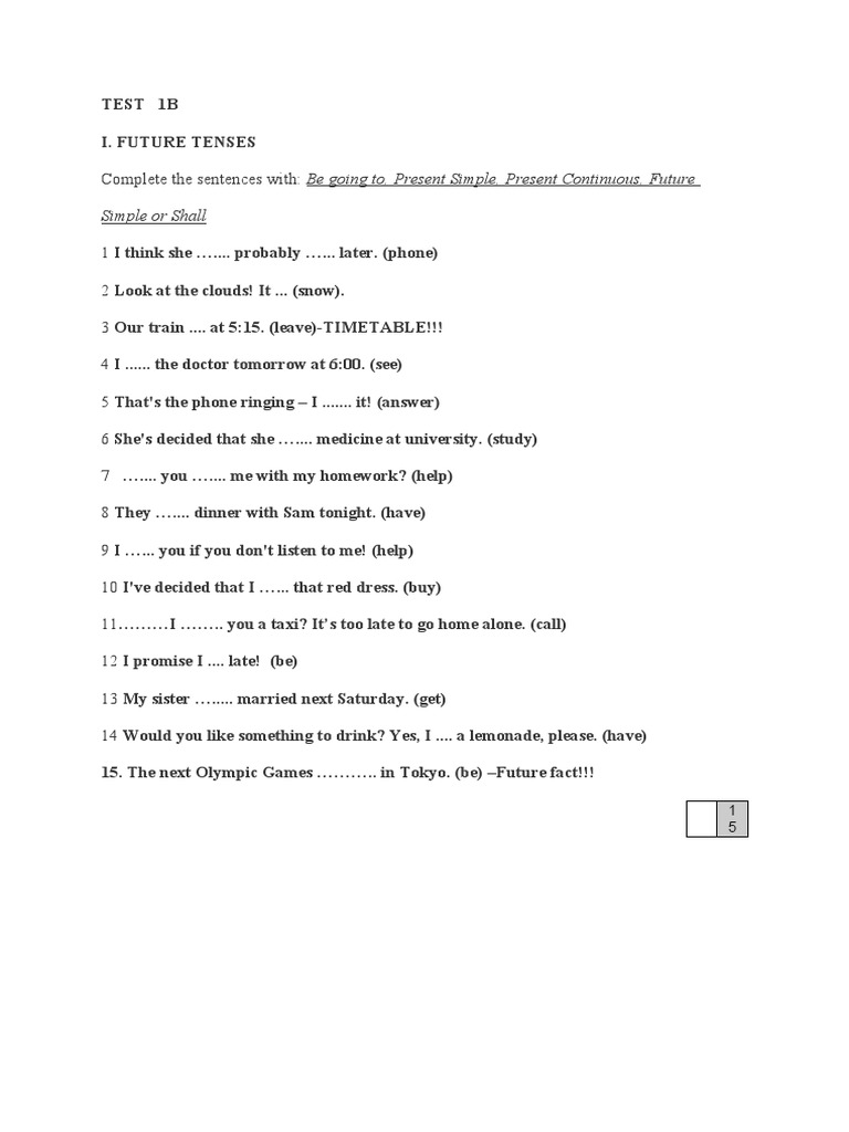 Simple or Shall: Test 1B I. Future Tenses | PDF