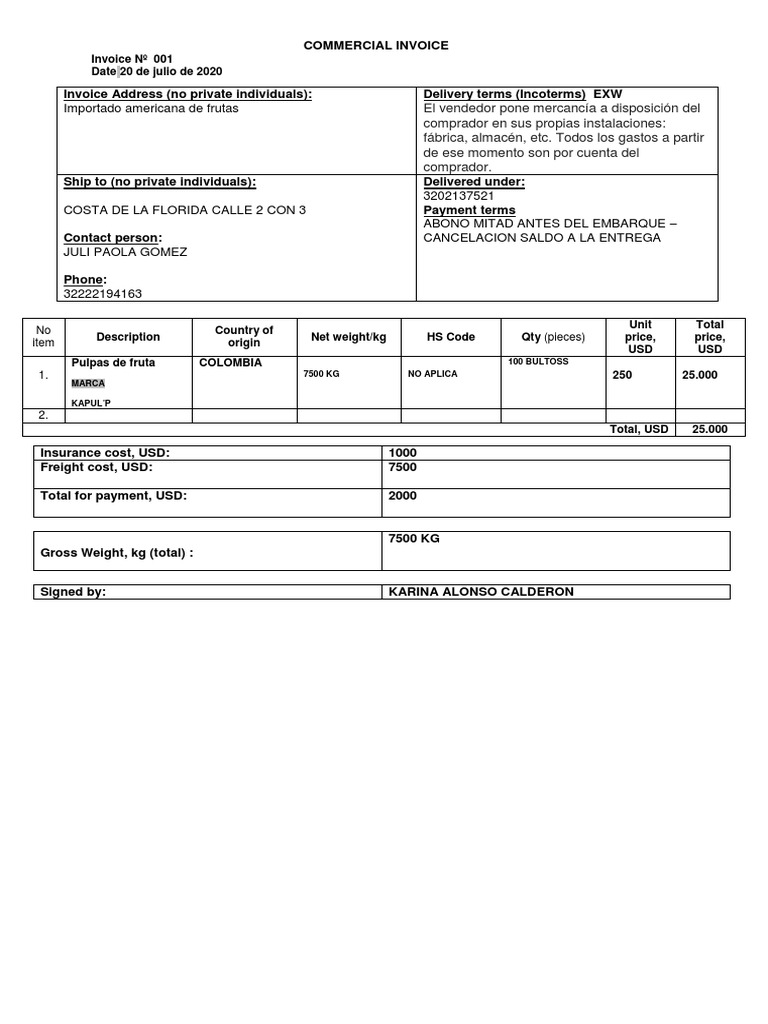 Definición de Invoice Comercial | PDF