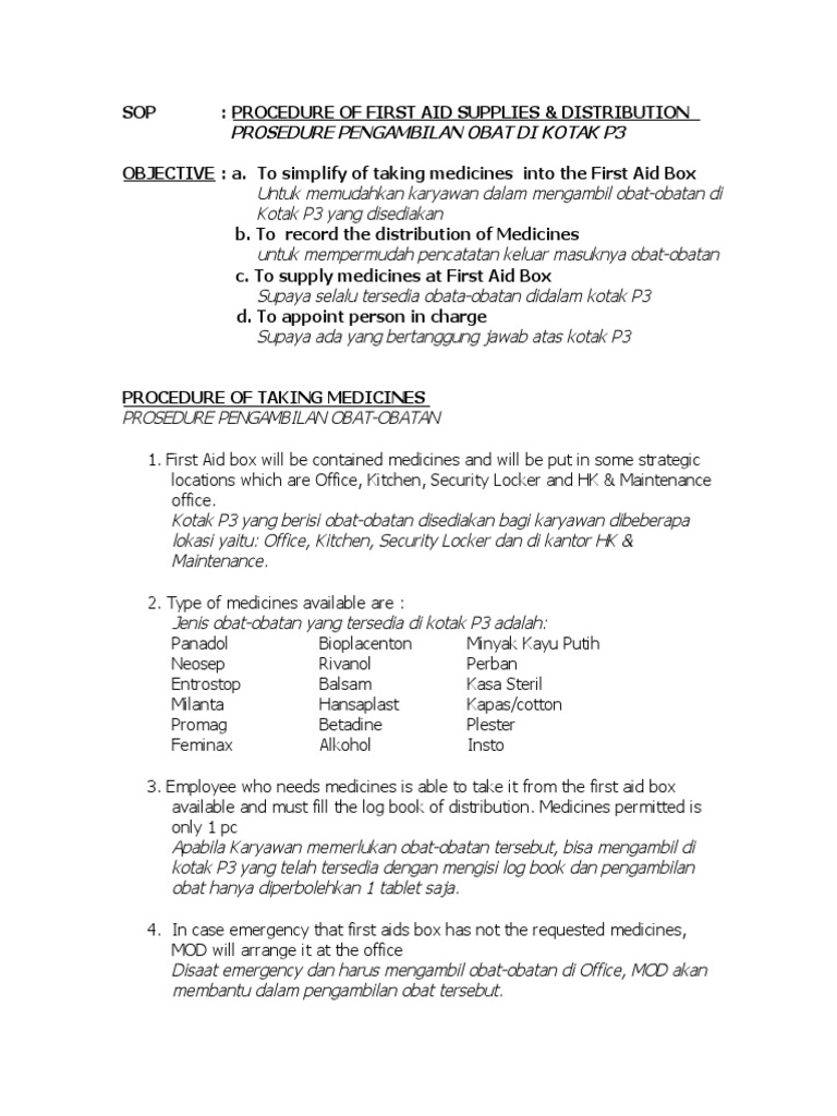 SOP For First Aid Supply and Distribution