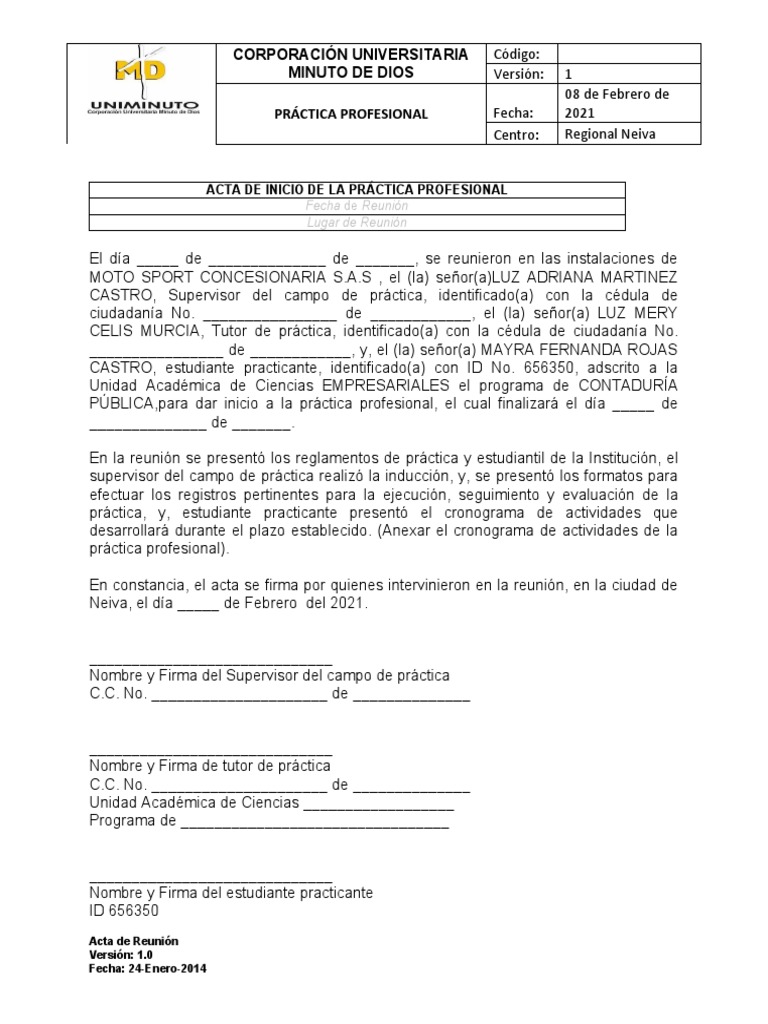 Acta de Inicio de Práctica Profesional | PDF