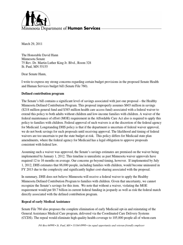 Minnesota Department of Human Services letter to MN Senate Medicaid