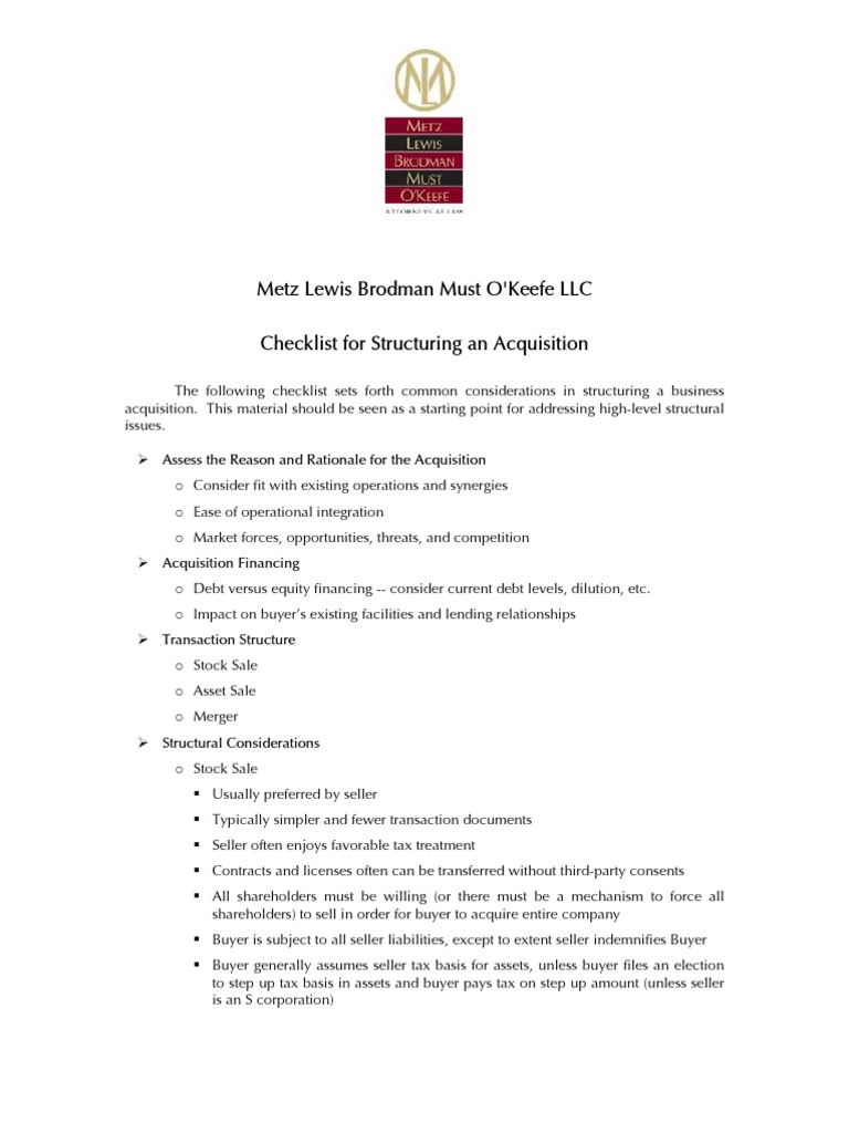 Acquisition Structuring Checklist | PDF