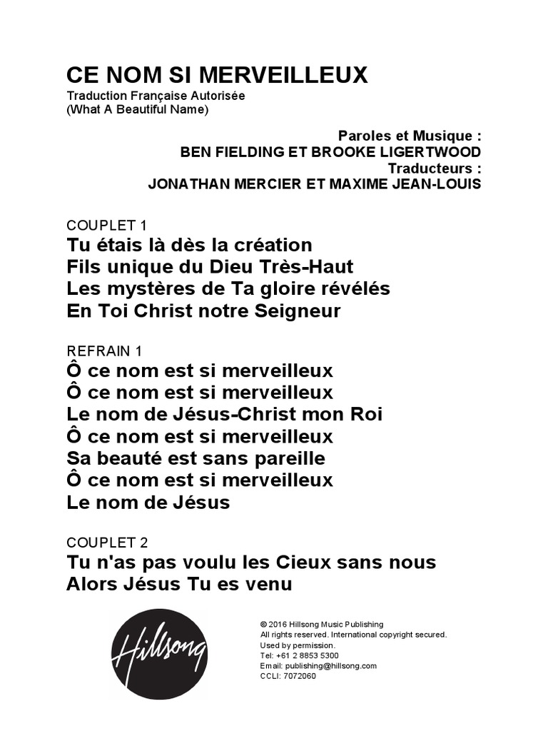 Paroles De Hillsong En Français Ce Nom Si Merveilleux What A Beautiful Name - French | PDF