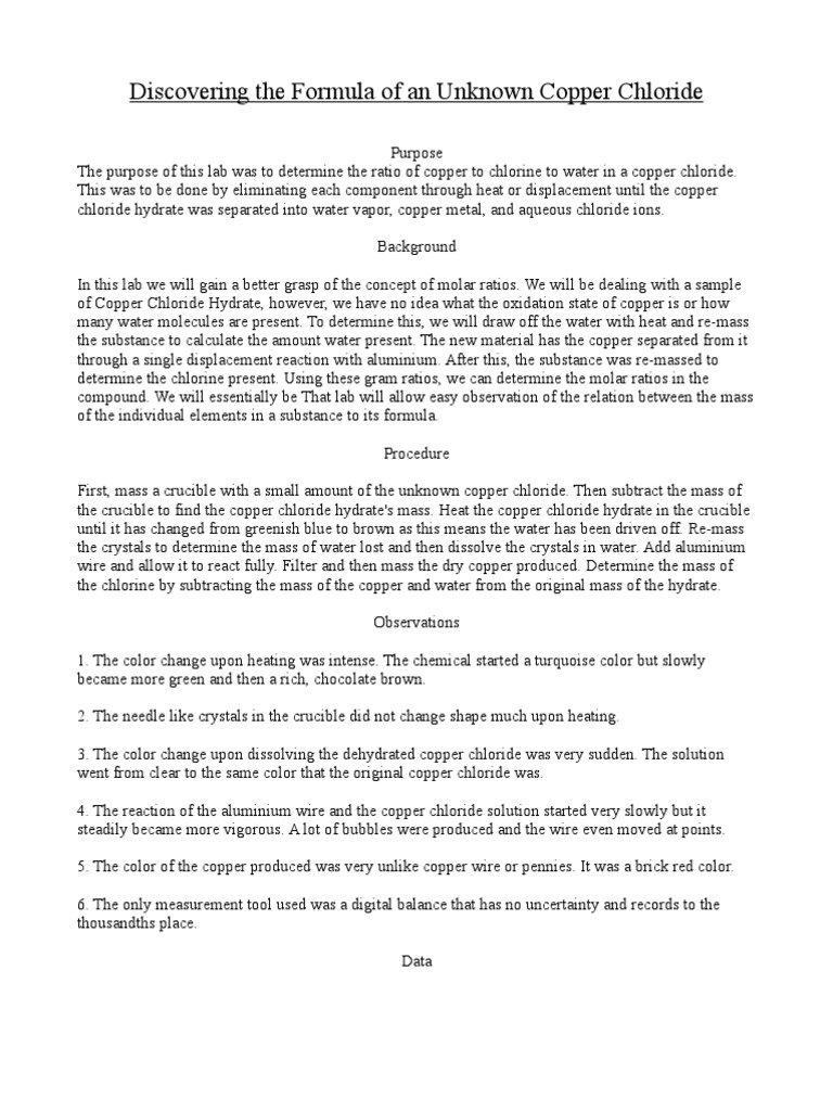 Copper Chloride Lab PDF Mole (Unit) Chlorine