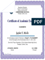 Certificate of Academic Excellence: Japhet T. Molle