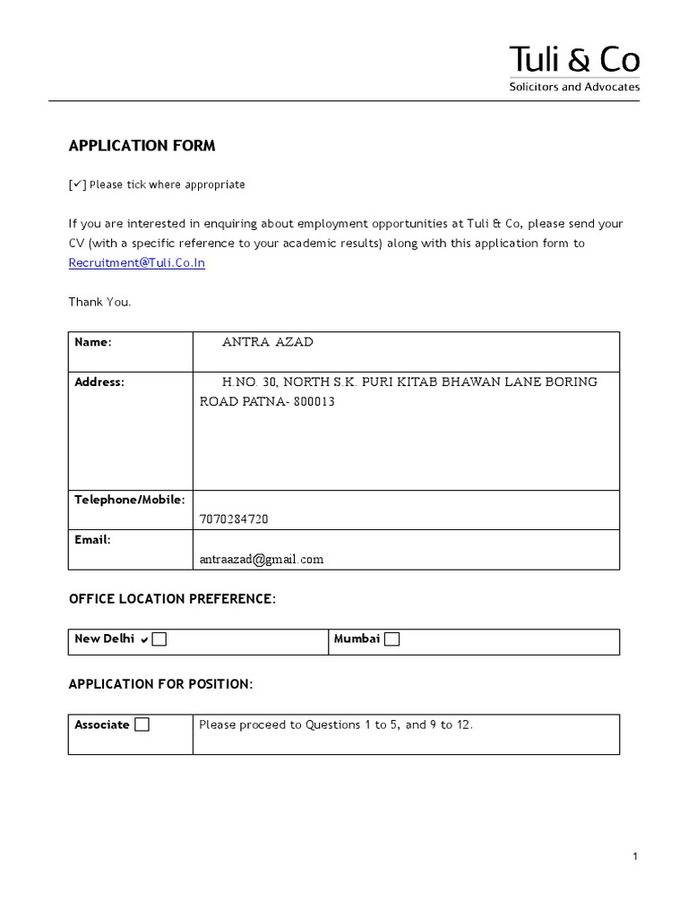 Tuli & Co Internship Application Form | PDF | Expert | Learning