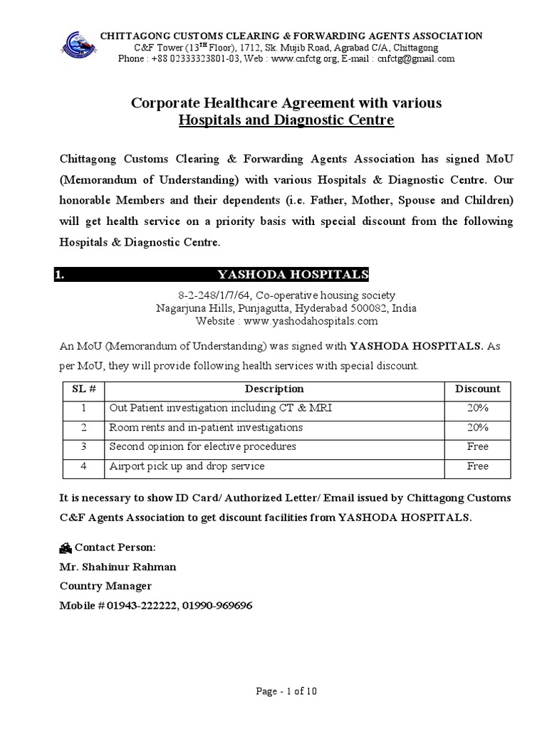 Corporate Healthcare Agreement With Various Hospitals & Diagnostic ...