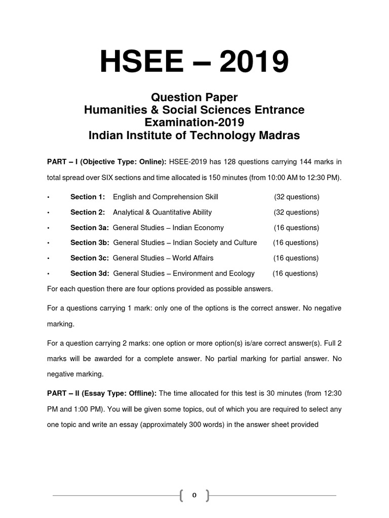 Hsee - 2019: Question Paper Humanities & Social Sciences Entrance ...