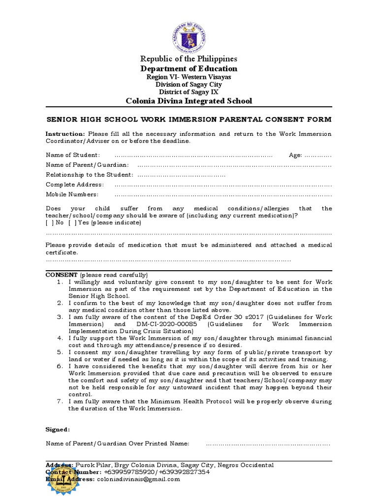 Work Immersion Parental Consent Form | PDF | Health Sciences | Health Care