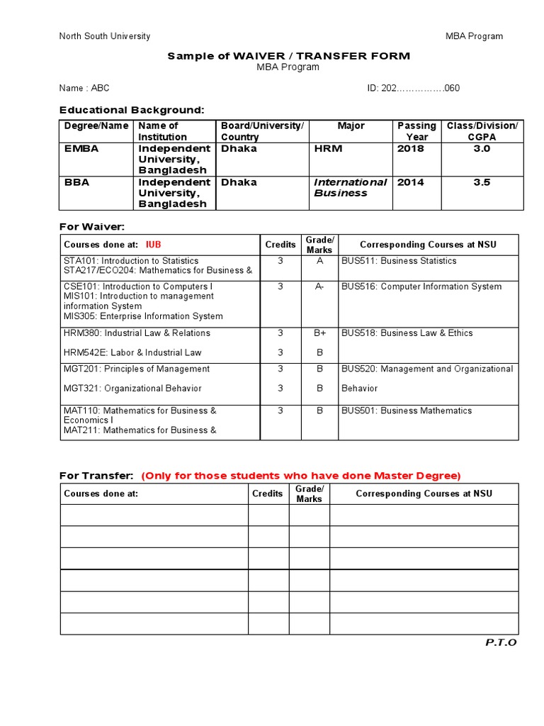 NSU MBA Waiver/Transfer Form | PDF | Master Of Business Administration ...