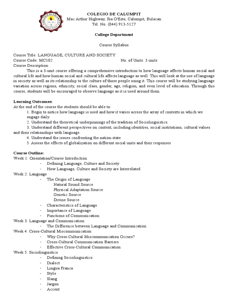 Language, Culture, and Society Syllabus | PDF | Sociolinguistics ...