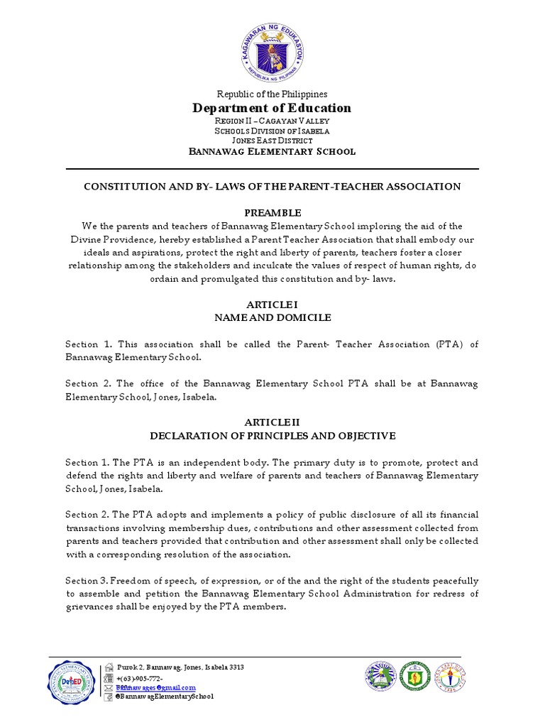 Department of Education Constitution and ByLaws of The ParentTeacher