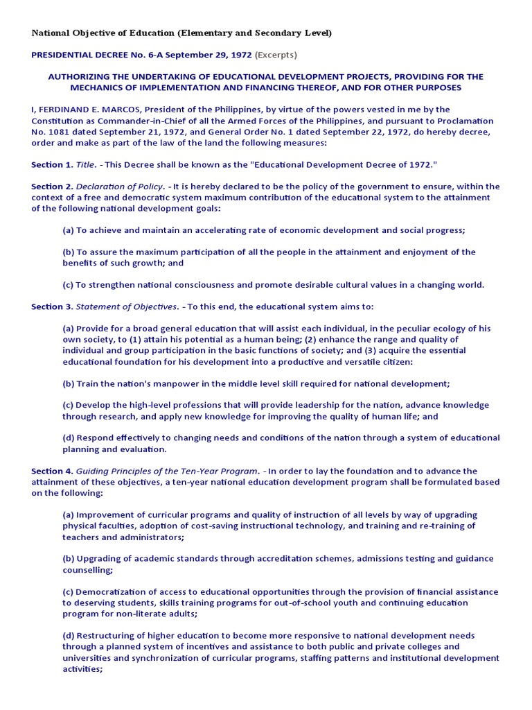 National Objectives of Philippine Education | PDF | Citizenship ...