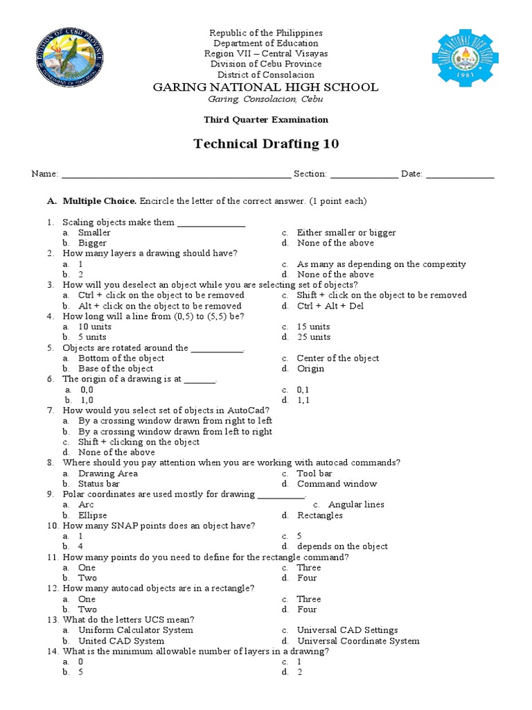 Technical Drafting Exam for Grade 10 | PDF | Angle | Geometry