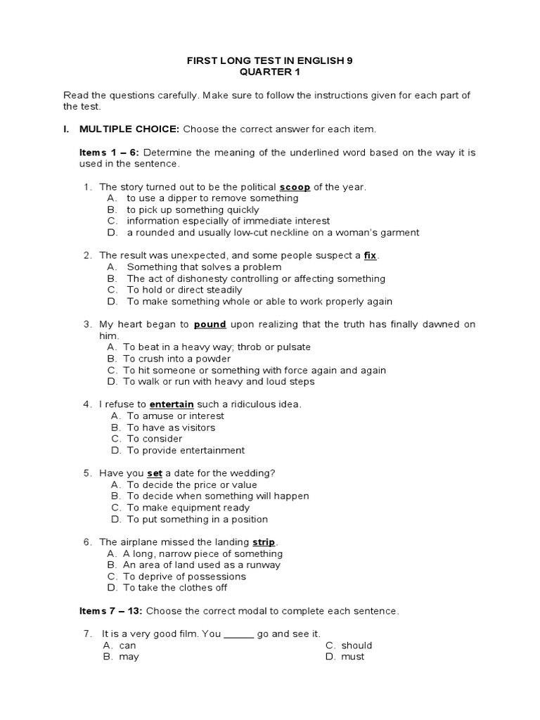 English 9 Long Test Overview | PDF