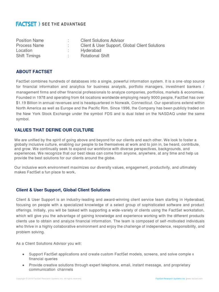 Client Solutions Advisor Job Description - India | PDF | Fact Set ...