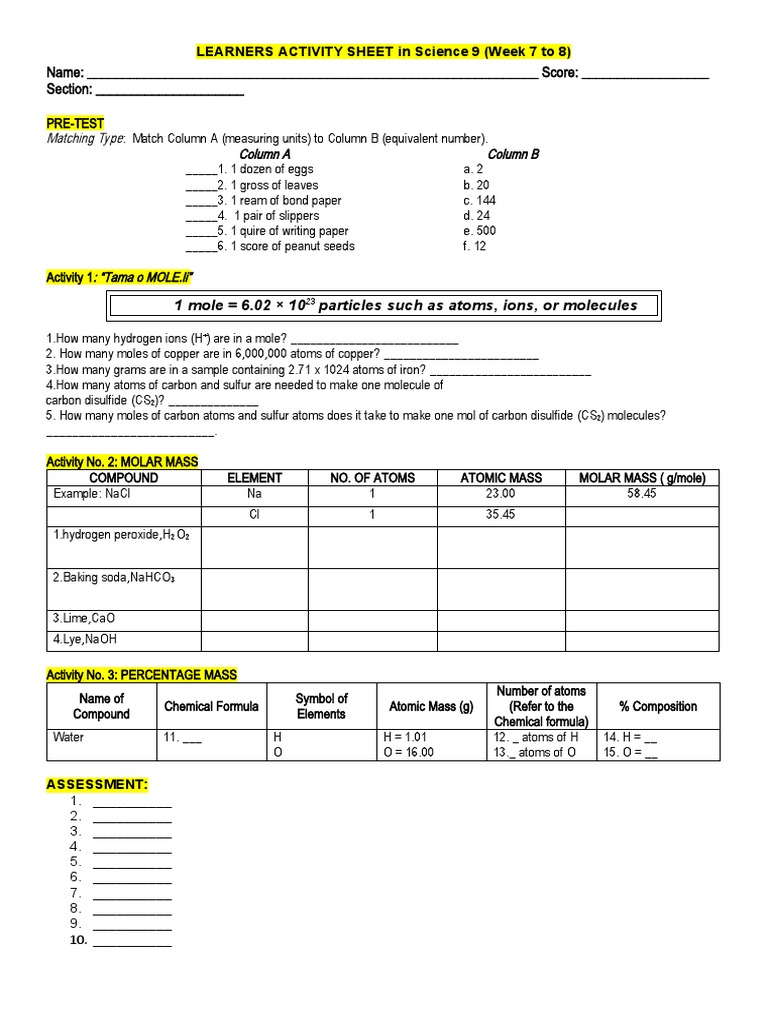 Science 9 Learner's Activity Sheet | PDF | Mole (Unit) | Chemical Compounds
