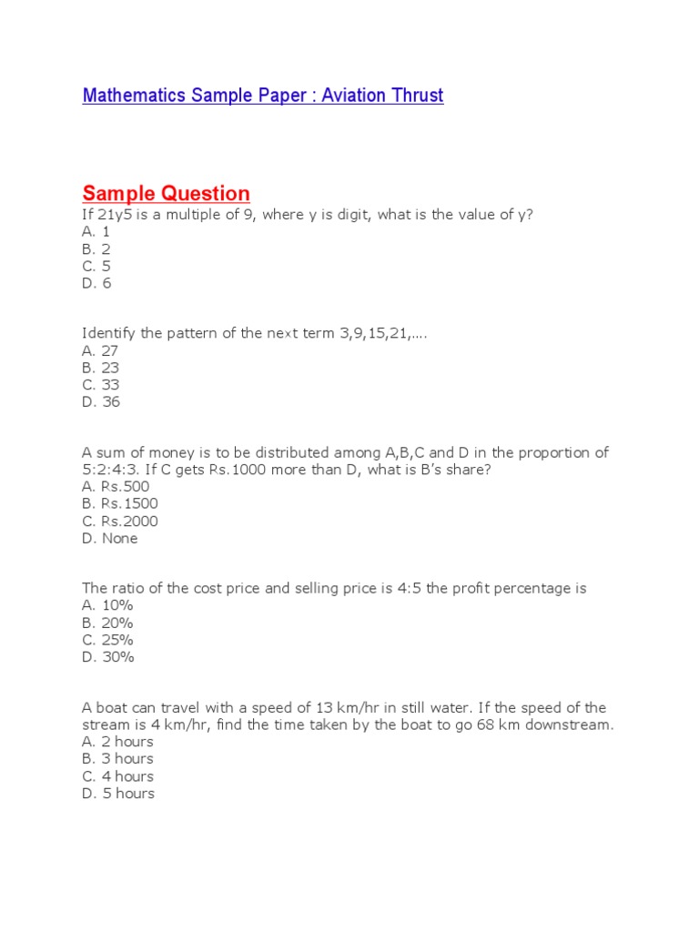 Sample Question: Mathematics Sample Paper: Aviation Thrust | PDF ...