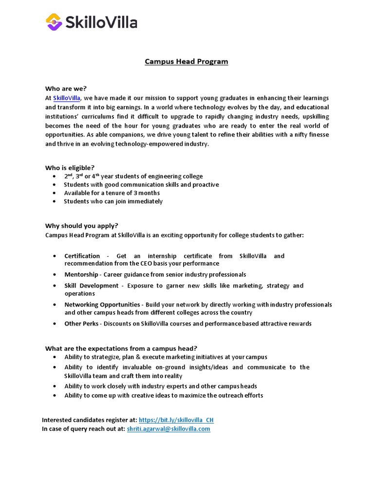 Campus Head Program at SkilloVilla | PDF | Business