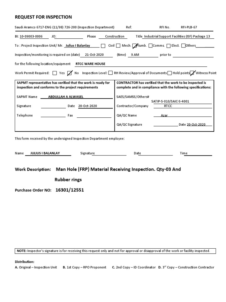 Request For Inspection: Work Description | PDF | Technology & Engineering