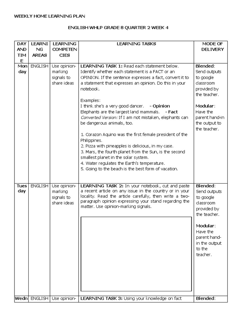 Grade 8 English Learning Plan Week 4 | PDF | Cognition