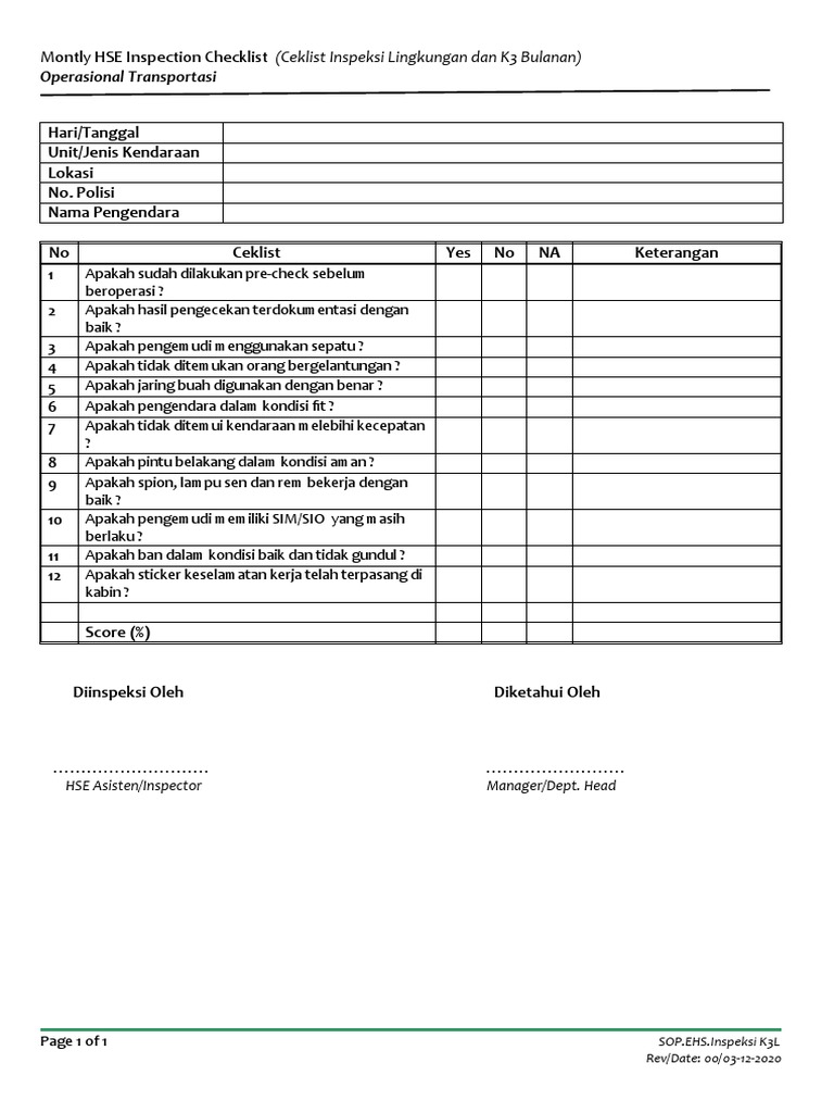 005d. Form Inspeksi Kendaraan | PDF