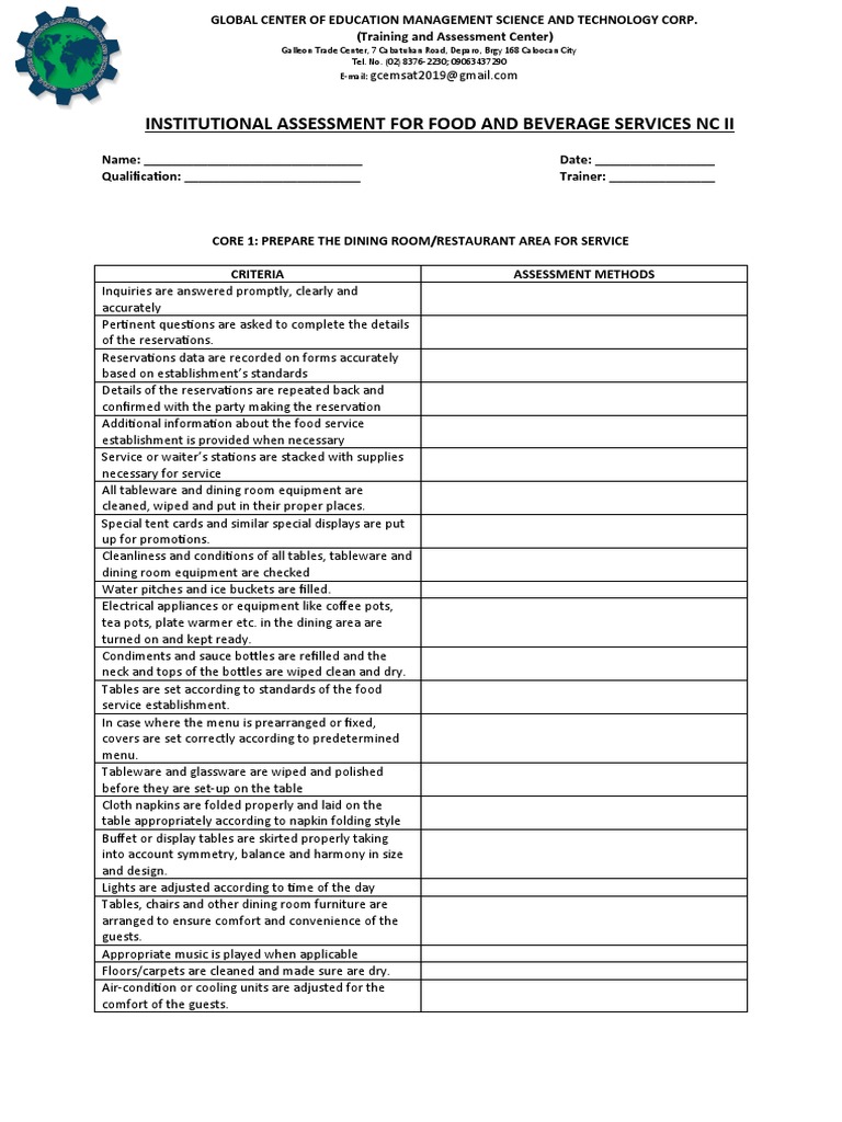 Institutional Assessment For Food and Beverage Services NC Ii | PDF ...