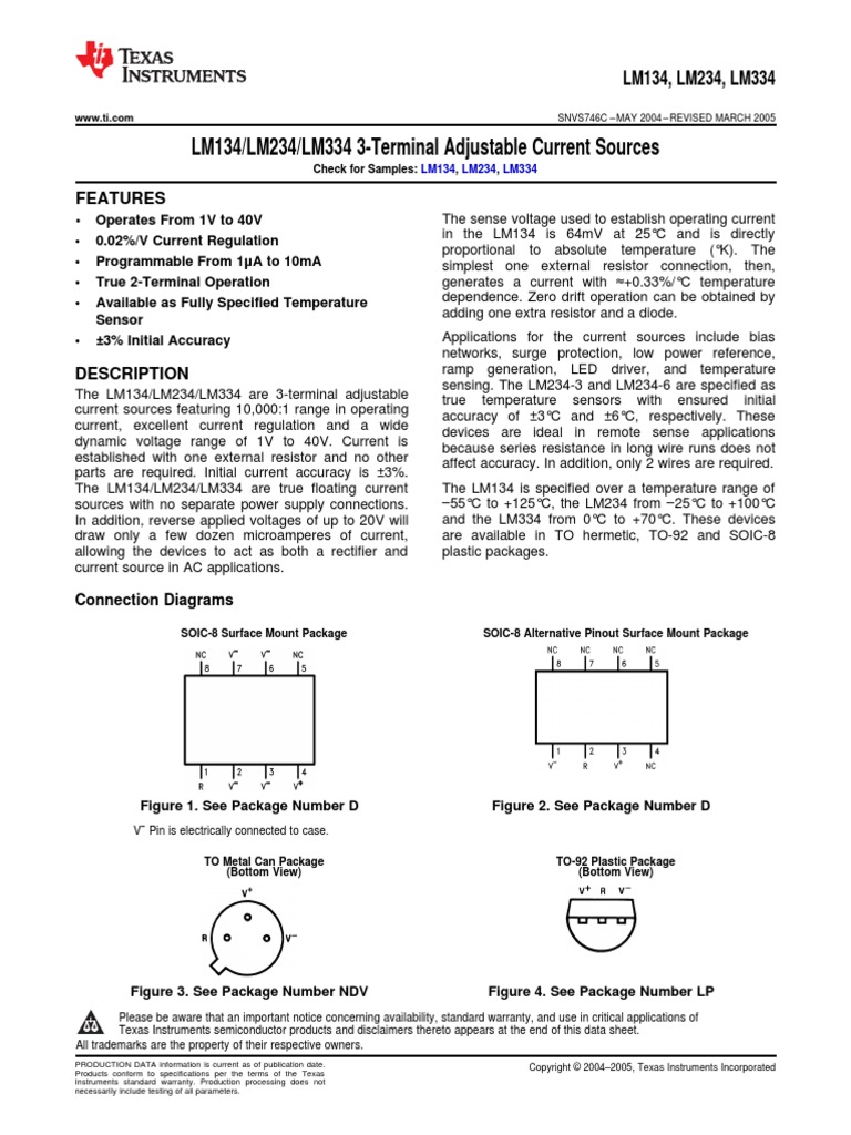 LM134/LM234/LM334 3-Terminal Adjustable Current Sources: Features | PDF ...