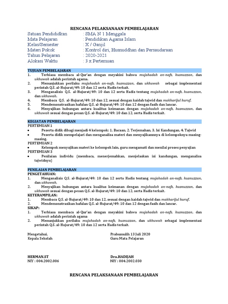 RPP PAI Kelas 10 Semester Ganjil | PDF