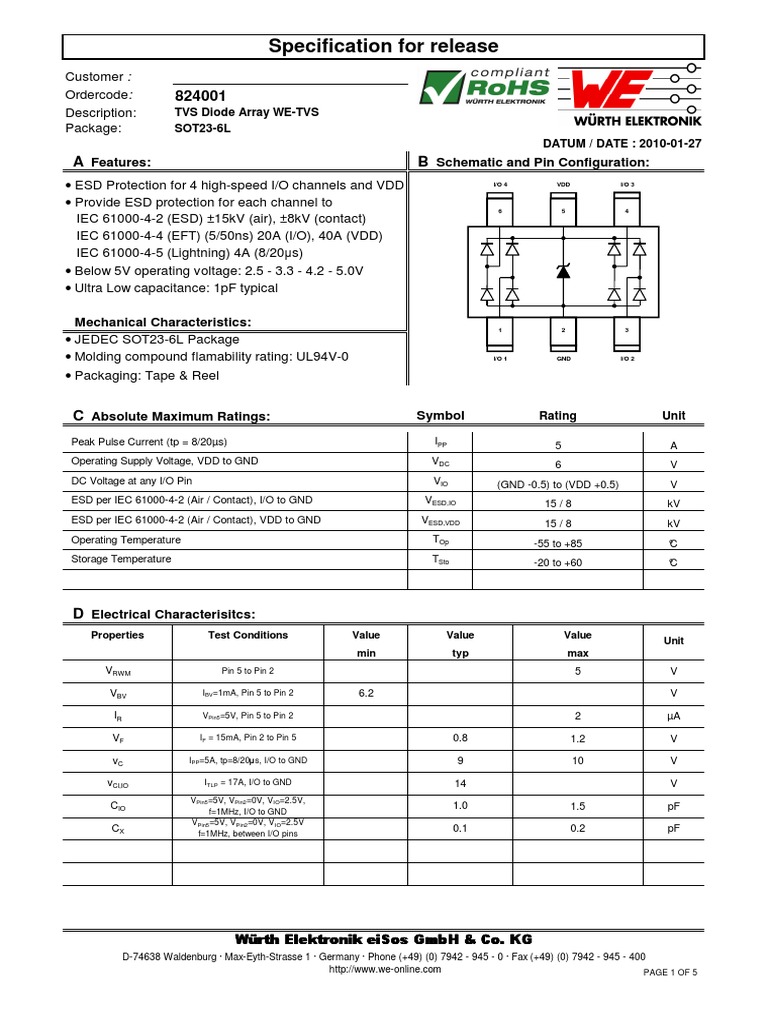 Specification for SOT236L TVS Diode Array for HighSpeed I/O ESD