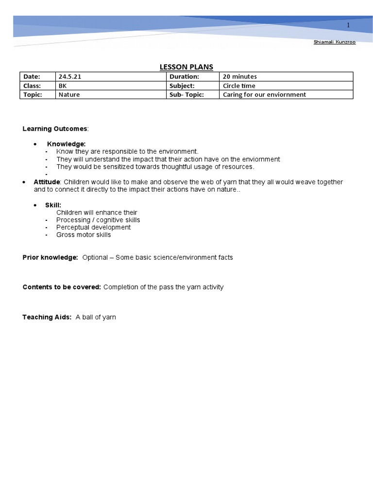Nature Care Lesson Plan for Kids | PDF | Teachers | Lesson Plan