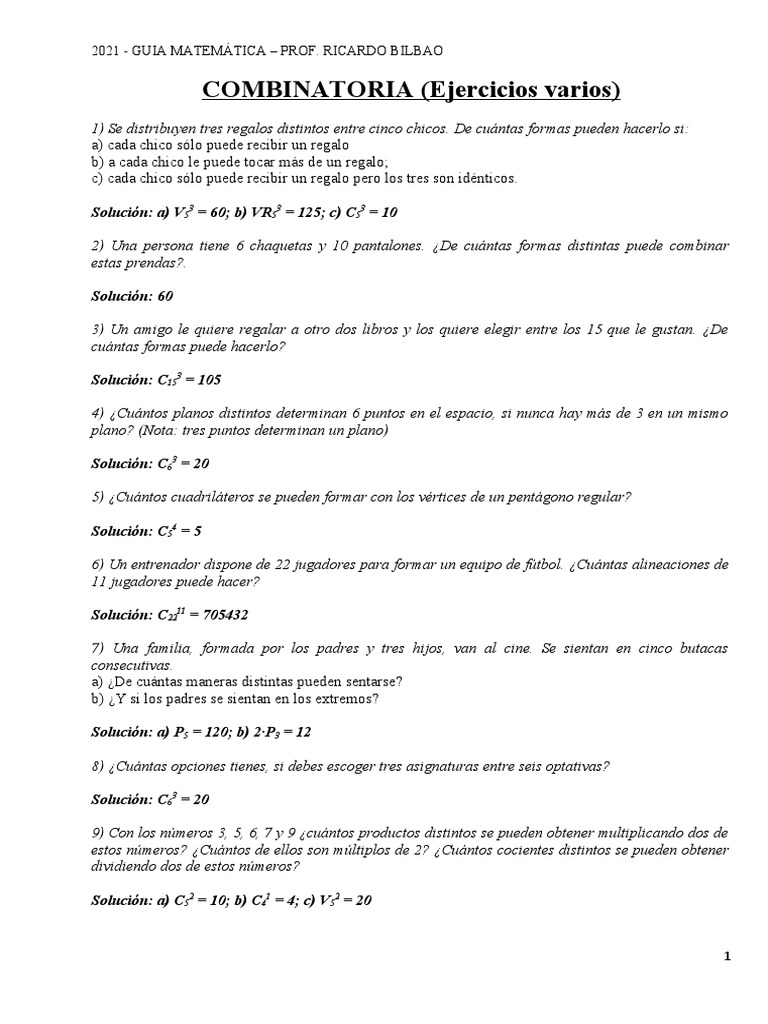 Combinatoria: Ejercicios y Soluciones | PDF | Combinatoria