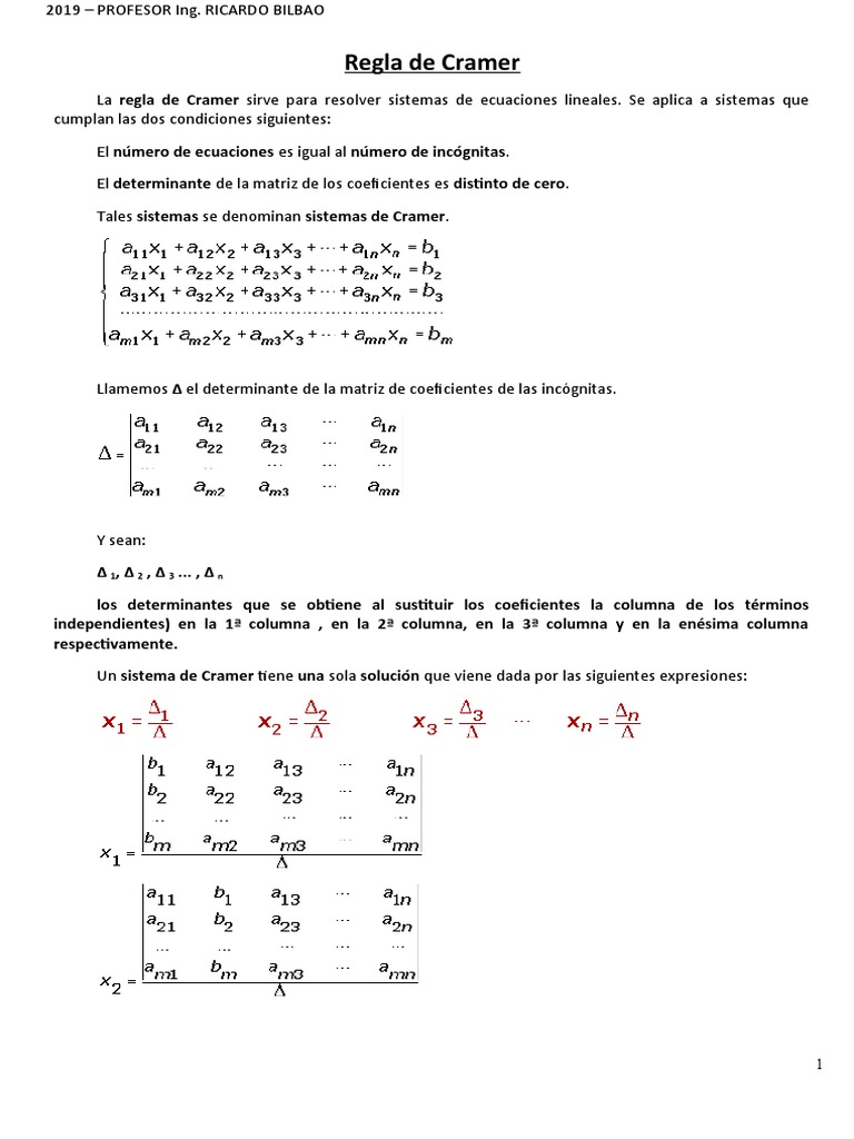 Sistemas de Ecuaciones (3 X 3) - Regla de Cramer | PDF | Matriz ...