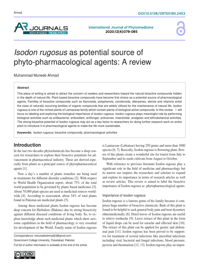 Isodon Rugosus As Potential Source of Phyto-Pharmacological Agents: A ...
