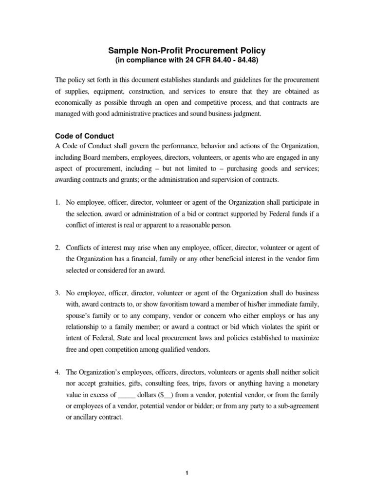 Sample non profit procurement policy in compliance with 24 cfr 84 40