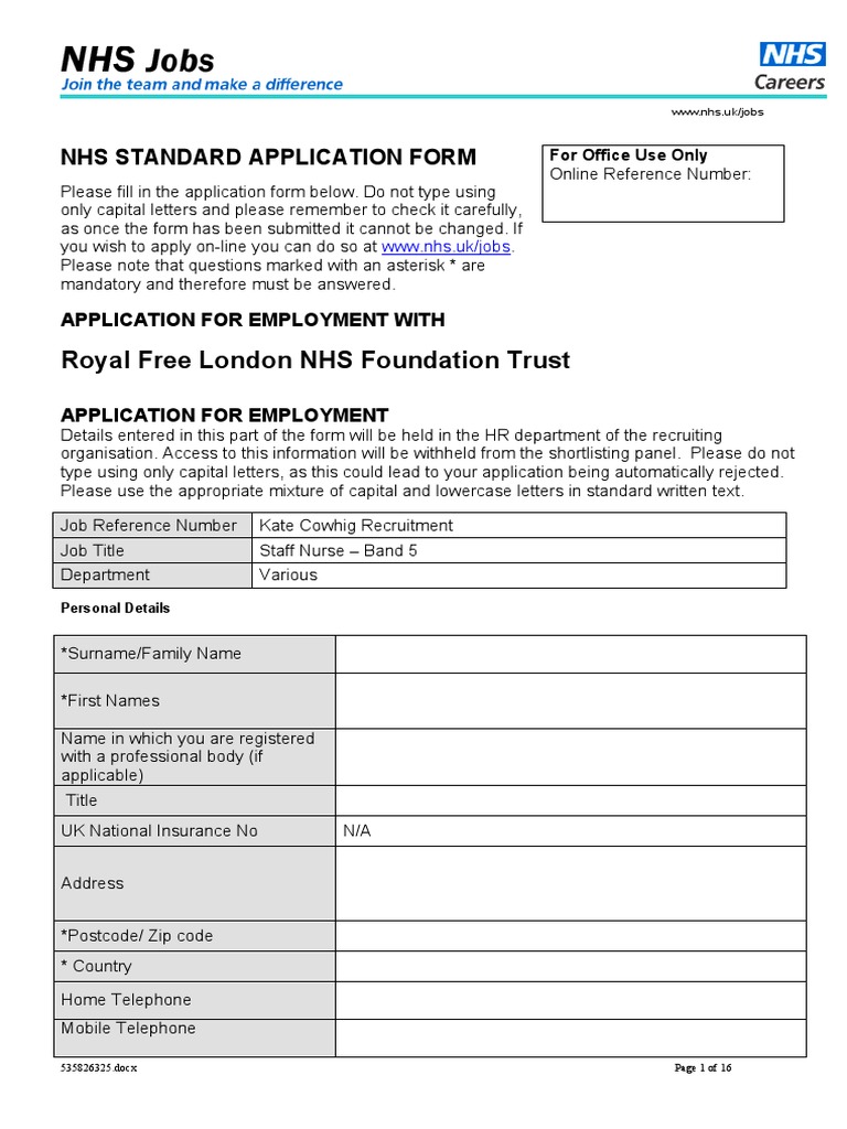 Royal Free London NHS Foundation Trust Nhs Standard Application Form PDF