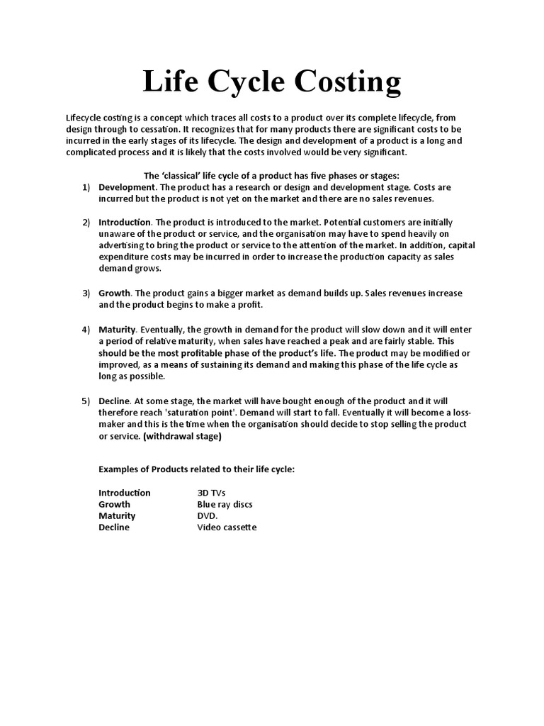 Life Cycle Costing F5 Notes PDF Product Lifecycle Sales