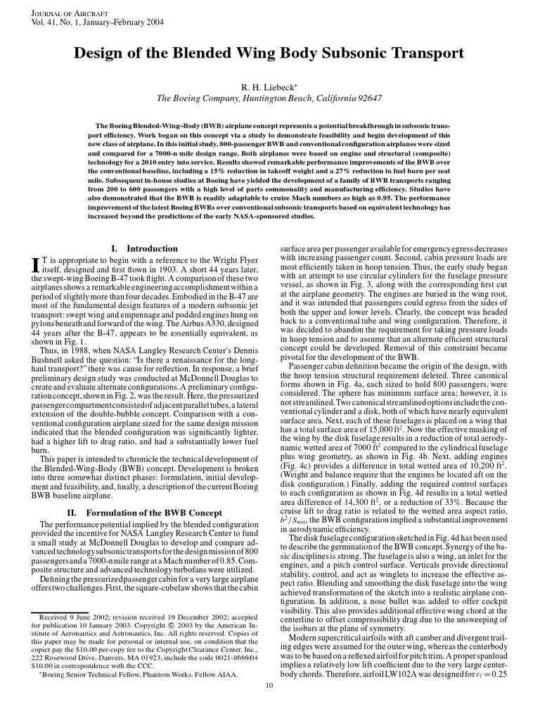Design of BWB Subsonic Transport - Liebeck 2004 | PDF