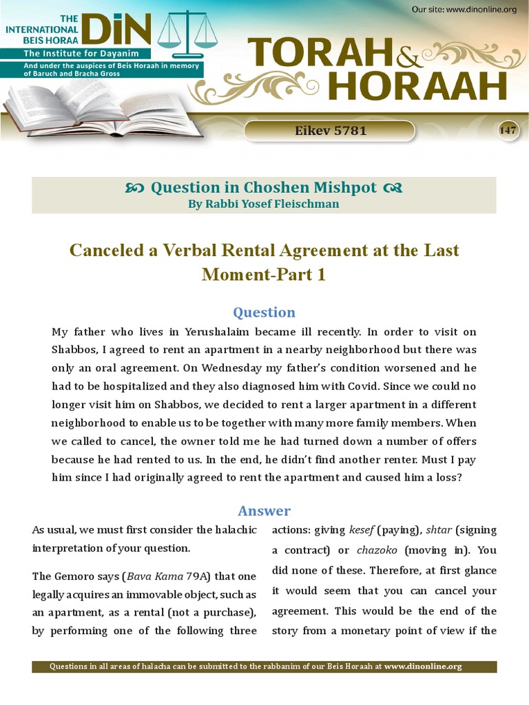 Eikev Canceled A Verbal Rental Agreement at The Last MomentPart 1