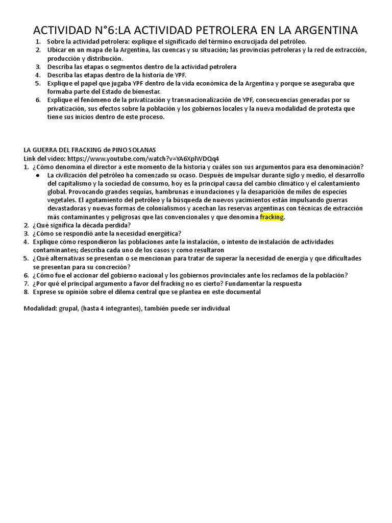 Actividad Petrolera en Argentina: YPF y Fracking | PDF | Petróleo ...