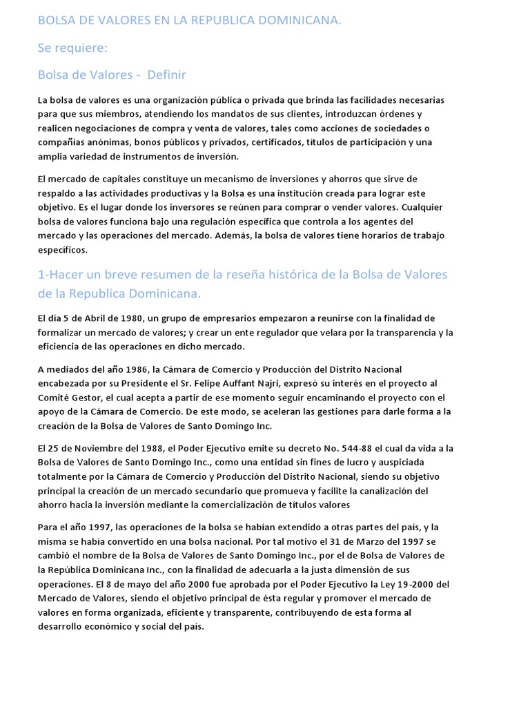 Historia y Estructura de la Bolsa RD | PDF | Bolsa | Bolsa de Valores