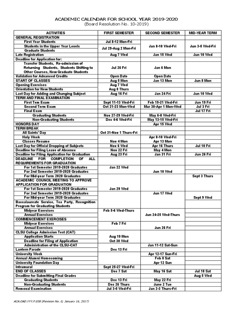 CLSU Academic Calendar (2019 2020) PDF Academic Term Educational