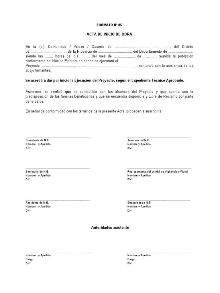 Acta de Inicio de Obra en Word | PDF | Gobierno