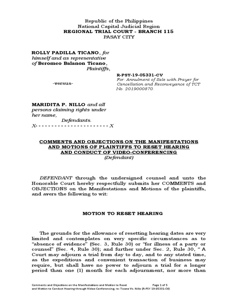 Comments On The Manifestations and Objection To The Motion To Reset ...