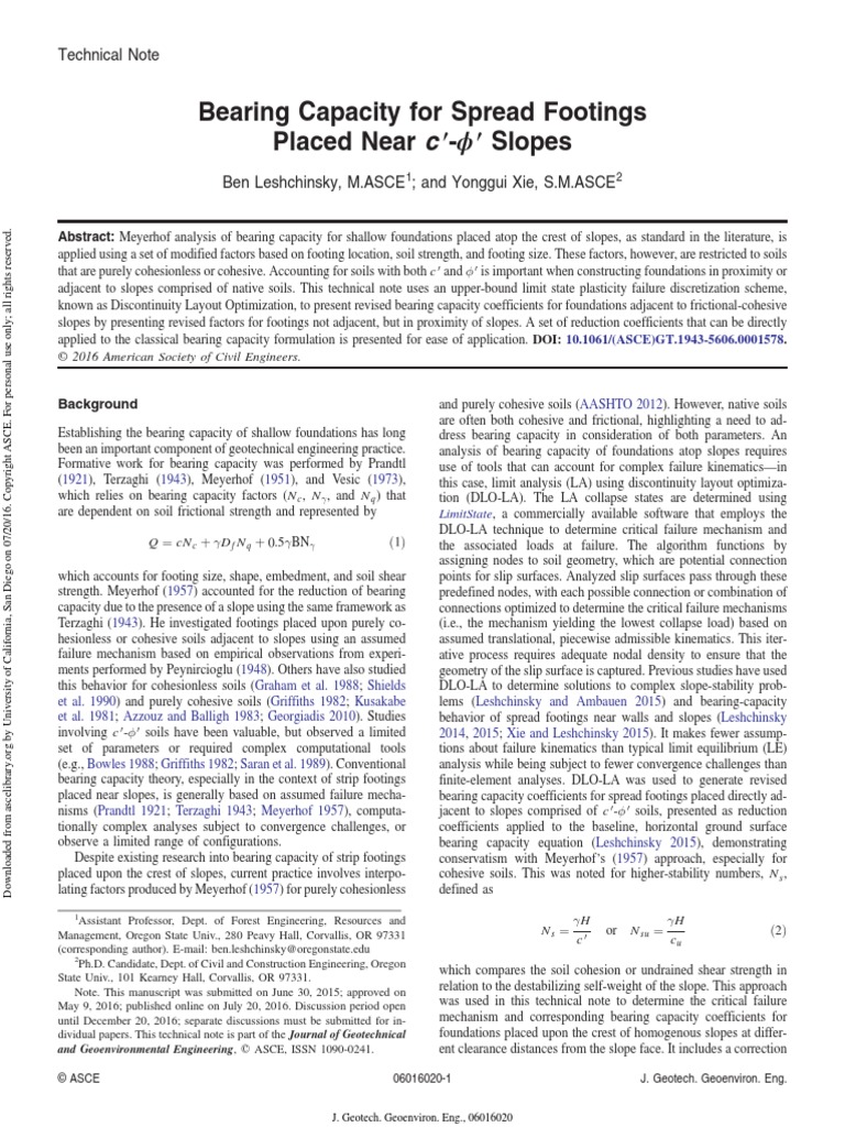 Bearing Capacity for Spread Footings Placed Near c - ϕ Slopes | PDF ...