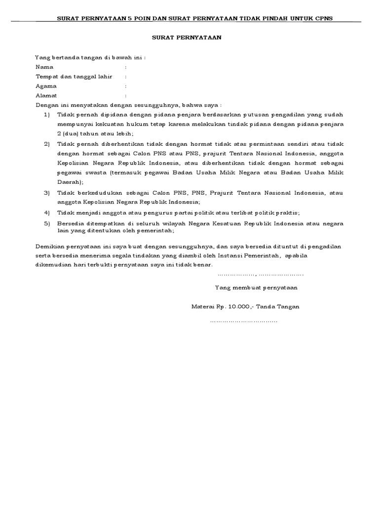 Contoh Surat Pernyataan 5 Poin Dan Surat Pernyataan Tidak Pindah CPNS | PDF