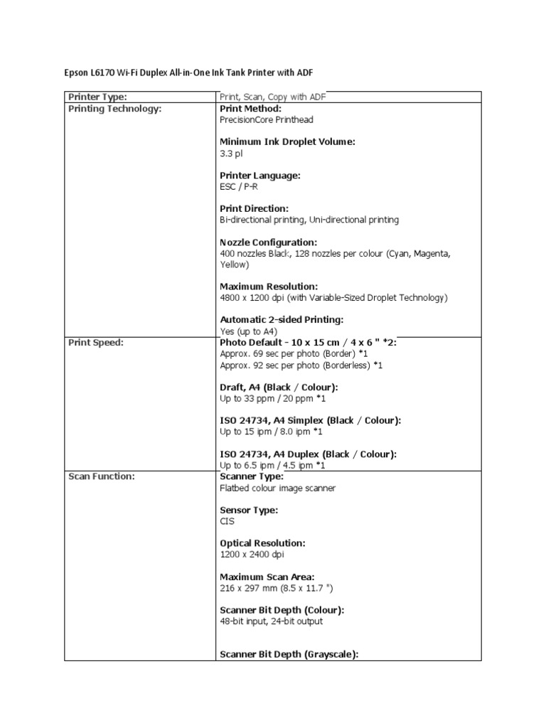 Epson L6170 Specs | PDF | Image Scanner | Printer (Computing)