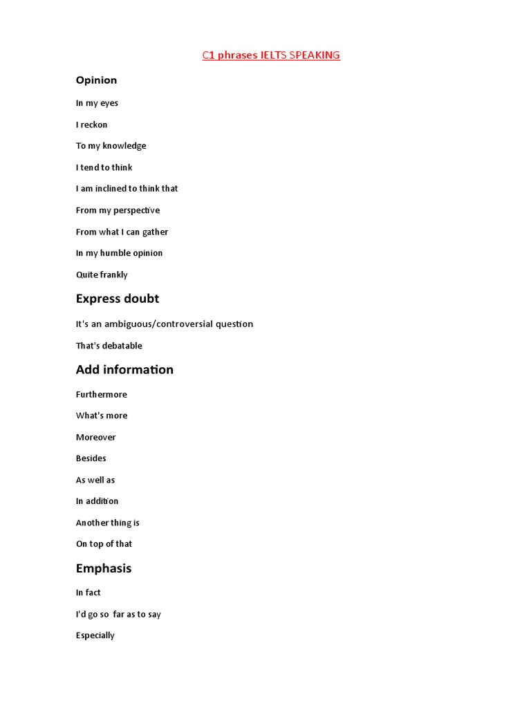 Ielts Cae Phrases For C1 Speaking | PDF | Communication | Human ...